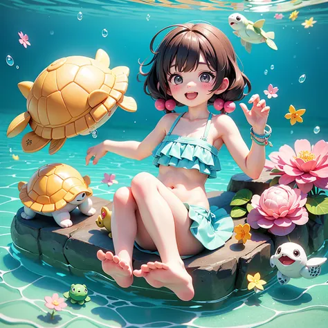 In the water、Playing with turtles、cute、beautiful、Swimwear