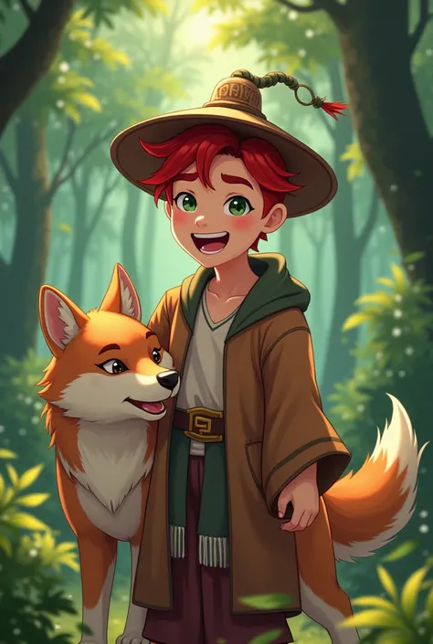 19 year old adult male anime character with Chinese hat, brown robe, Laughter and a wolf at his side in the forest red hair with green eyes 3 adult