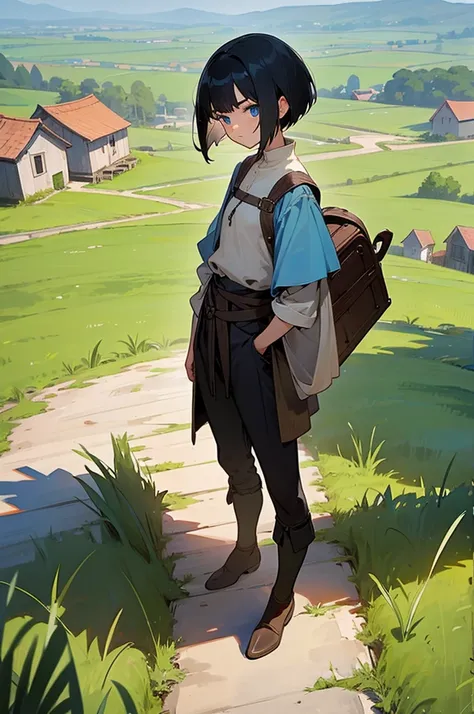 1girl, black hair, blue eyes, short hair, adventurer,traveler, full body, standing, upright, medieval setting, small village, wooden buildings, grass, dirt, good proportions, detailed face, looking towards the viewer, serious expression