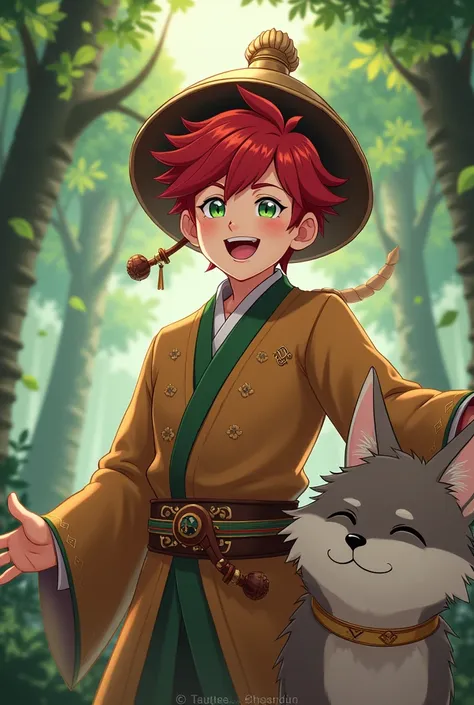 Adult male anime character with Chinese hat, brown robe, laughter and a wolf at his side in the forest red hair with green eyes