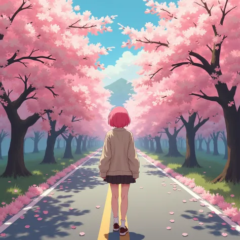 masterpiece, Best Quality, ultra detailed, illustration, wide angle, One girl standing in the middle of the road., Alone, Road in the middle and pink cherry trees on the edge of the road., Whole body, the 20s, pink hair, sweater, short skirt, fashion,, Com...