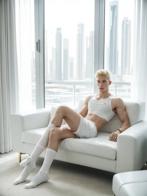 full body view white male fitness blond model blond guy with stylish undercut haircut, chiseled jaw , in white leather shorts, in long white socks , no shoes, golden rings, comfortably sitting on couch, showing off his white socks, watching football match ...