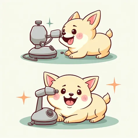 Chibi Style, 2-panel cartoon, dot halftone, Flat Color,Chihuahua undergoing eye ultrasound examination,Chihuahuas are cream colored,smile, 