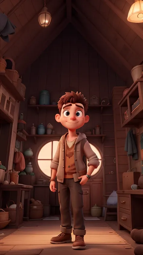  generate 3d character of a young adventurer named alex ,with messy brown hair,Show Alex discovering an old, dusty small round mirror in a dimly lit attic, with a mysterious glow emanating from the mirror’s surface."
Background house room