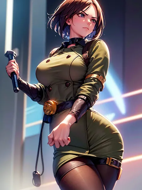 (at night), in a video game scene in the background, a beautiful city at night, raining, alone, standing looking straight ahead, green female military suit, semi-short hair, ((semi-short hair)), 1 girl, 30 years old, young woman, perfect hands, Beautiful f...