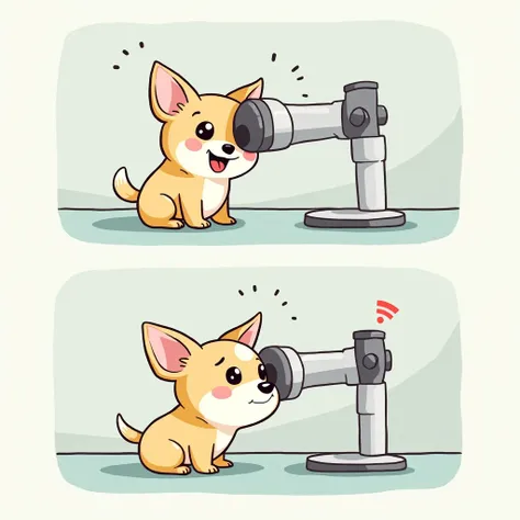 Chibi Style, 2-panel cartoon, dot halftone, Flat Color,Chihuahua undergoing eye ultrasound,Chihuahuas are cream colored,smile, 