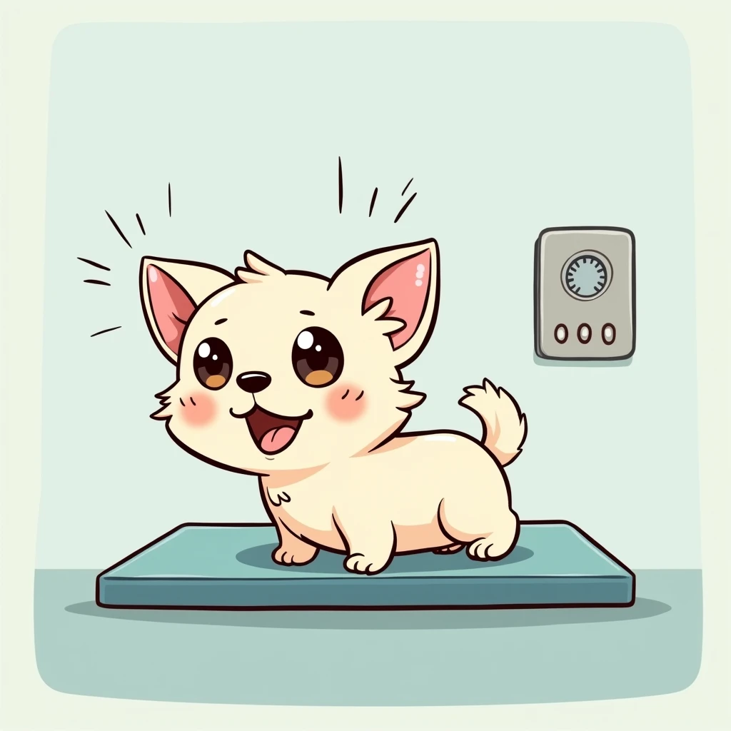 Chibi Style, 2-panel cartoon, dot halftone, Flat Color,Chihuahua undergoing eye ultrasound,Chihuahuas are cream colored,smile, 