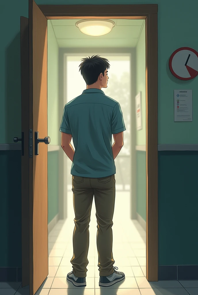 A male student stands at the toilet door facing outside
