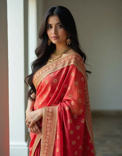 A beautiful curvy indian married woman with big  wearing modern saree