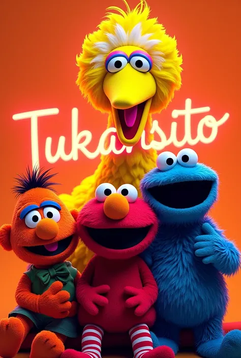 Poster with text TUKANSITO neon orange Sesame Street background