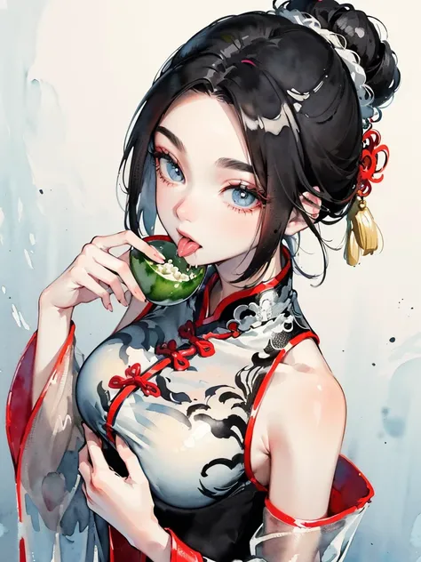 (((((((Chinese ink painting，watercolor paiting，ancient chinese costume,bare shoulders,very long sleeves,black hair,see-through sleeves,fur cuffs,tongue from mouth,mouth drool，silver lining)))))))，((1lady,adorable korean mixed race of Saudi Arabia girl，lean...