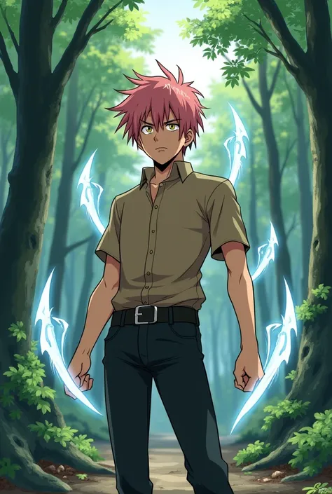 Adult character 2 anime man with pink hair and beige eyes with a brown shirt and black pants in a forest generating sharp bones annoyed and white blades tired of training