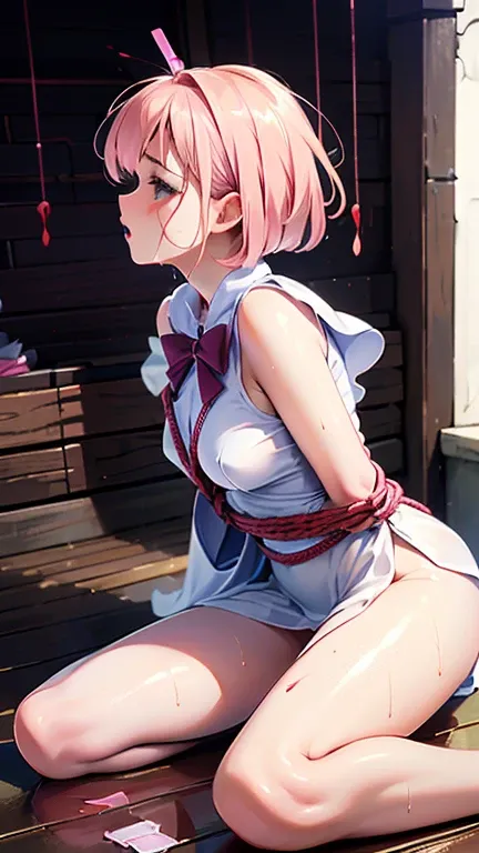 (Highest quality,4K,8k,High resolution,masterpiece:1.2),Very detailed,(Realistic,photoRealistic,photo-Realistic:1.37),Pink hair short bob,Magical girl,bondage,Whipping and whining,BDSM,My whole body is sweating,Sex fluids on face，The setting is a bustling ...