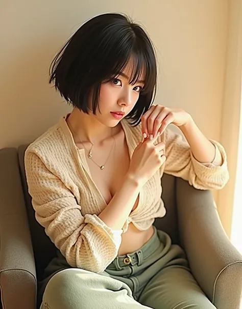 RAW photo, best quality, masterpiece, photorealistic, Polish girl, 20 years old, black hair, Light grey eyes, short bob cut, hair in 7 thirds, hair over one ear, Symmetrical eyes, pale skin, Big Breasts, rip gloss, Gel Nails, Accessories, various poses, s