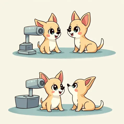 Chibi Style, 2-panel cartoon, dot halftone, Flat Color,Chihuahua undergoing eye ultrasound,Chihuahuas are cream colored,smile, 