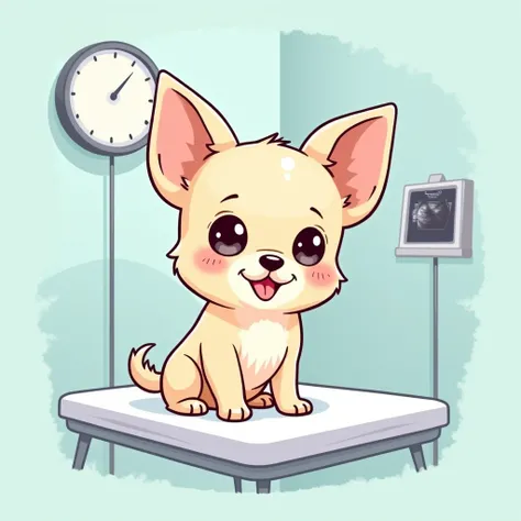 Chibi Style, 2-panel cartoon, dot halftone, Flat Color,Chihuahua undergoing eye ultrasound,Chihuahuas are cream colored,smile, 