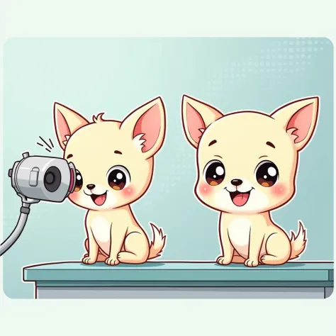 Chibi Style, 2-panel cartoon, dot halftone, Flat Color,Chihuahua undergoing eye ultrasound,Chihuahuas are cream colored,smile, 