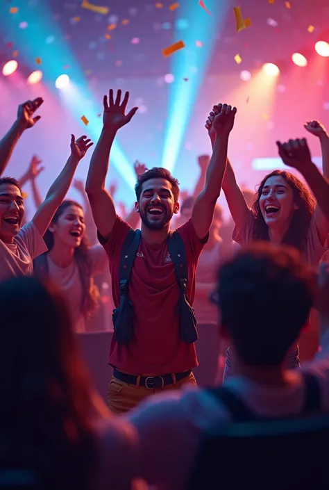 Dynamic and action-packed: "A group of gamers celebrating a victory, surrounded by flashing lights and confetti.