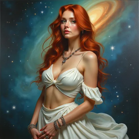 In this meticulously detailed, hyper-realistic oil painting, a voluptuous bohemian woman stands gracefully against a stunning cosmic backdrop. She has striking green eyes and long, jet-red hair that cascades in loose waves, emphasizing her fair complexion ...