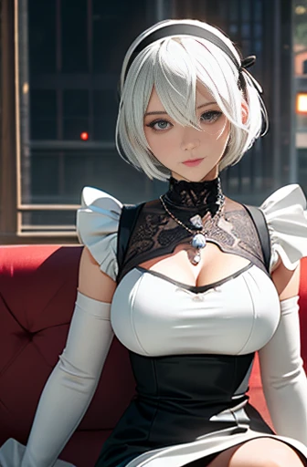 8k, ultra realistic, masterpiece, best quality, ultra detailed, beautiful face, beautiful skin, photorealistic, (professional lighting:1.2), nier_automata, 2B, white hair, short hair, black_dress, black_hairband, robot_joints, android, cyborg, clothing_cut...