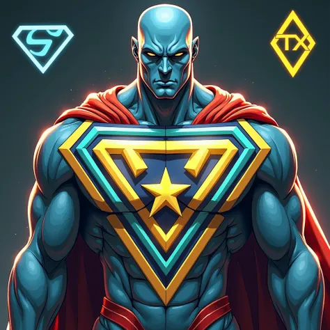 Design a 2D stylized superhero character inspired by Superman, embodying strength, confidence, and a modern aesthetic. The character should wear a suit with a vibrant color combination of yellow, blue, and red. Incorporate the BSC, TRX, and TON logos promi...