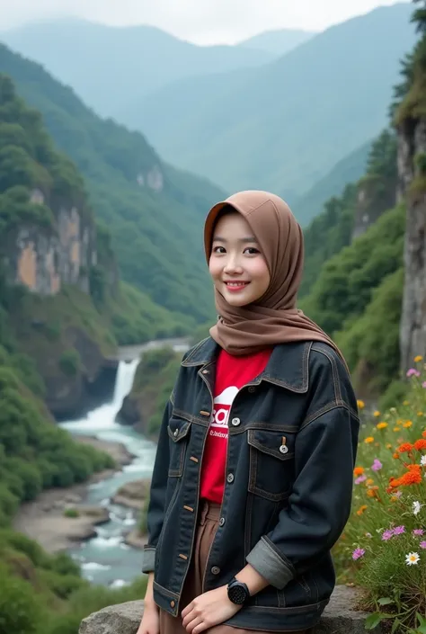 Beautiful Korean girl, smooth white skin, well-groomed face, thin smile, brown hijab, dark brown jeans jacket, red t-shirt, SANTI logo motif, brown cargo pants, cool black watch, posing, on a very high mountain peak, with a background seen from above is th...