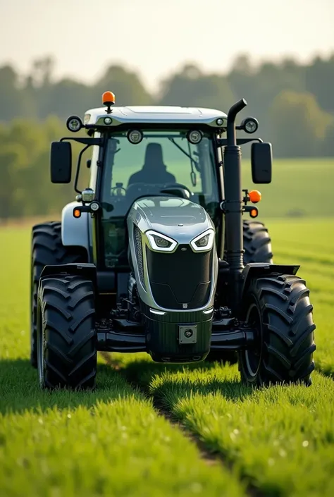 TRACTOR WITH CAMERAS ON THE FRONT AND REAR OF THE TRACTOR AND SENSORS almost attached to the ground