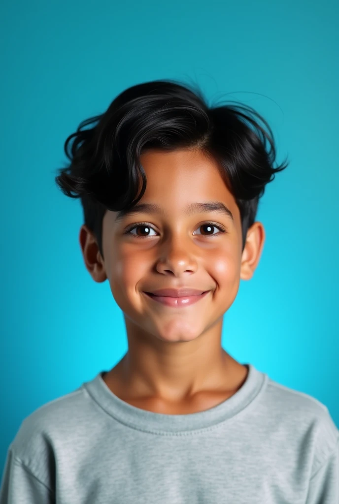 CREATE A PICTURE OF A 1 BOY FOR THEIR YEARBOOK PHOTOGRAPH, AQUAMARINE BLUE BACKGROUND, with latin features