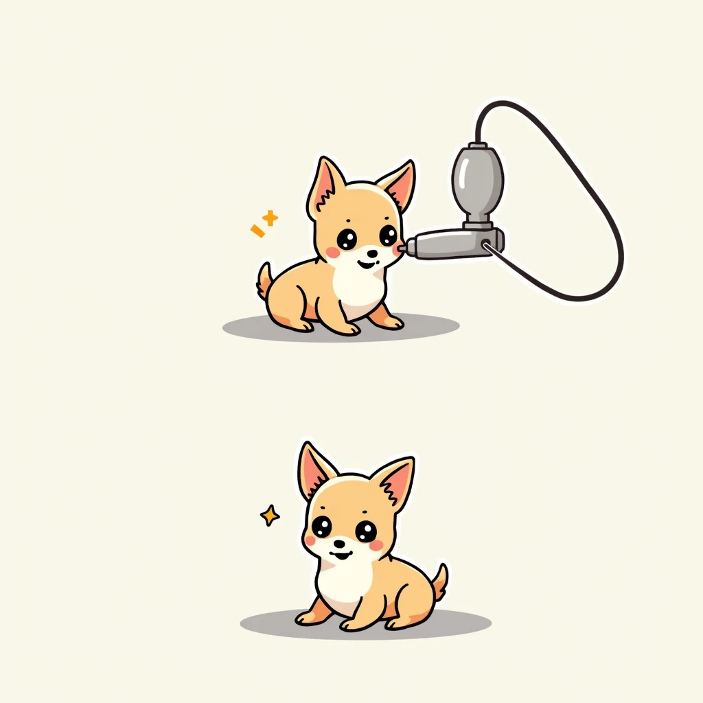 Chibi Style, 2-panel cartoon, dot halftone, Flat Color,Chihuahua undergoing electroretinogram test,Chihuahuas are cream colored,smile, 