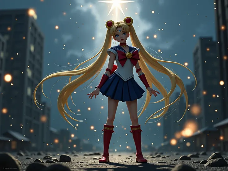 Draw Sailor Moon in her signature sailor suit, including the golden tiara, the red bow on the chest and the blue skirt. Make sure to include her long blonde hair in two pigtails with crescent moon decorations. The pose must be dynamic, as if in the middle ...