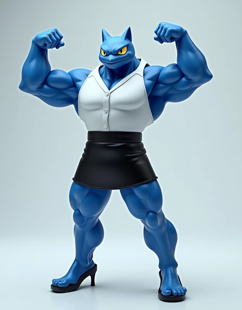 Male machoke with white blouse and black miniskirt, he is wearing a black high-heels, flexing his muscles. HE IS A BLUE POKEMON. Full body.