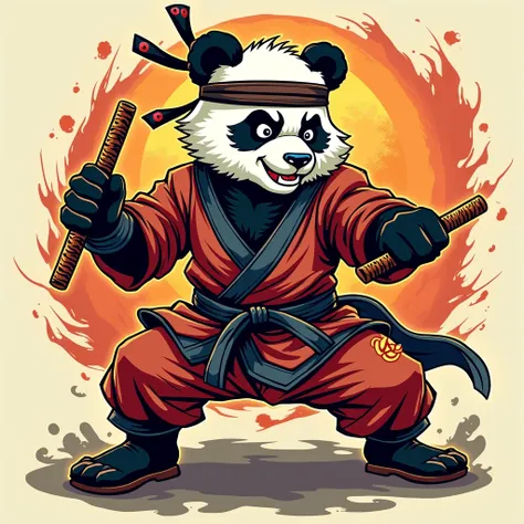 Vector design of attractive and dynamic cartoon panda, dressed as a martial artist and holding nunchaku, ready to fight. The anthropomorphic panda martial artist, known as Warrior Pandamonium, has a detailed and intricate outfit, including a martial arts u...