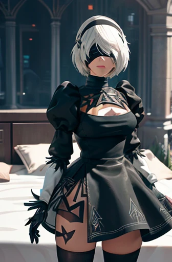 8k, ultra realistic, masterpiece, best quality, ultra detailed, beautiful face, beautiful skin, photorealistic, (professional lighting:1.2), (((nier_automata, 2B))), white hair, short hair, black_dress, black_hairband, robot_joints, android, cyborg, clothi...