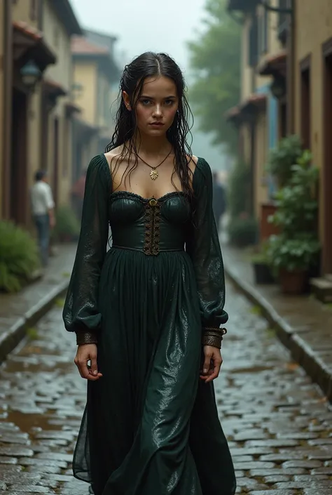 1 girl, Medieval woman in wet dress, walking down the street,