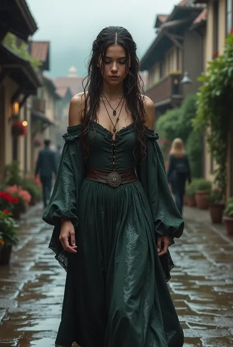 1 girl, Medieval woman in wet dress, walking down the street,