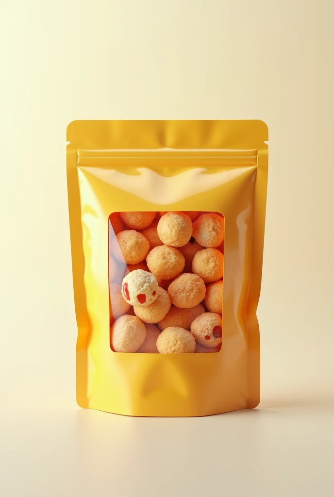 Make me a doypack bag filled with small, short snacks to eat with a transparent rectangle where the short-haired snack can be seen.
