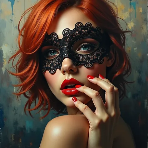 A painting of a womans face partially obscured by a lace mask. The woman has red hair and is wearing vibrant red lipstick and matching nail polish. The background is abstract, with a mix of colors and brushstrokes. The overall painting has a moody tone, wi...