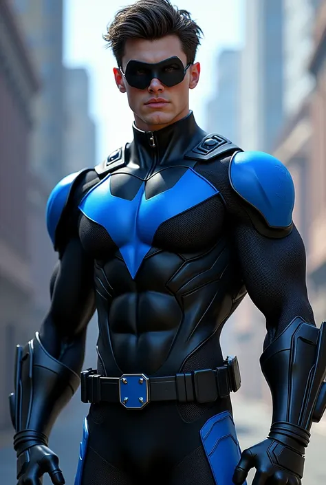  Full body photorealistic handsome hunky masculine Teen Titans Nightwing,,unreal engine, extremely attractive male wearing black and blue and scales transparent mesh bodysuit, with belt and gloves and black mask,,,extremely masculine physique, intricately ...