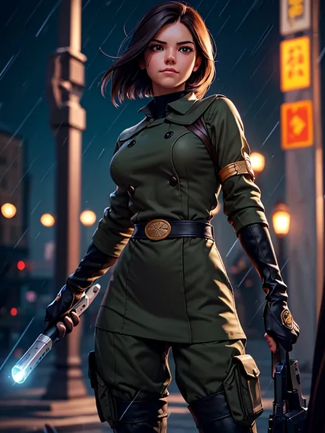 (at night), in a video game scene in the background of a beautiful city at night, raining, alone, standing looking straight ahead, a green womans military suit, black gloves, semi-short hair, ((hair semi short)), 1 girl, 30 years old, young woman, perfect ...