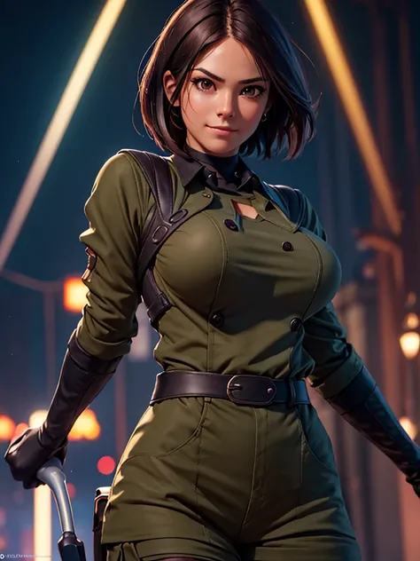 (at night), in a video game scene in the background of a beautiful city at night, raining, alone, standing looking straight ahead, a green womans military suit, black gloves, semi-short hair, ((hair semi short)), 1 girl, 30 years old, young woman, perfect ...