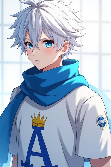 Fasa is a male anime character with white hair and blue eyes with a blue scarf, a white shirt with a letter A and a crown on the Sima of the letter A. 