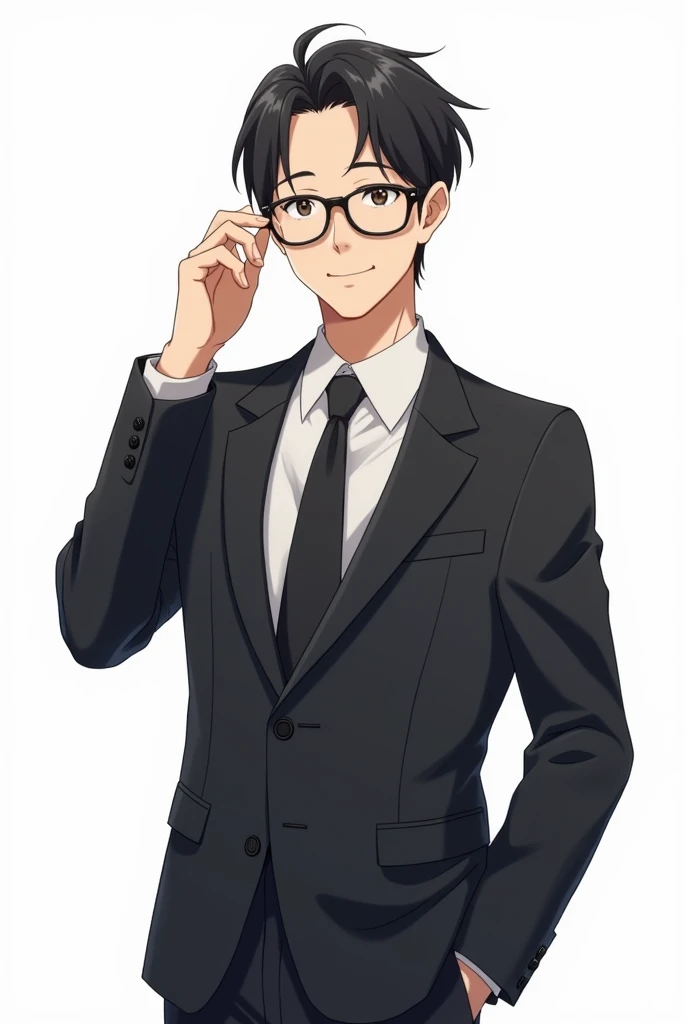 Man, black suit, glasses, pure white background, businessman, kind face, skinny, anime style, holding glasses with index finger of left hand, Japanese, body and face facing forward, close-up