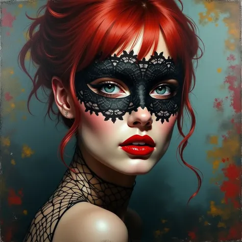 A painting of a womans face partially obscured by a lace mask. The woman has red hair and is wearing vibrant red lipstick and matching nail polish. The background is abstract, with a mix of colors and brushstrokes. The overall painting has a moody tone, wi...