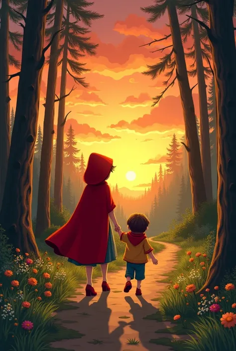 Little Red Riding Hood and a child at her side, on the way to see grandma with a sunset background 