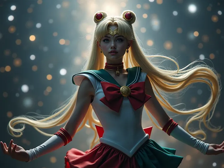 sailor moon, in her sailor suit with a golden tiara and a red bow, She shows off her long blonde hair in pigtails adorned with crescent moons, in a dynamic pose of magical transformation, surrounded by sparkles and a starry sky.