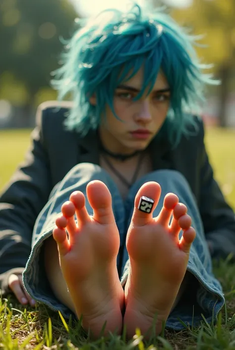 emo boy, skin very white, blue hair, lying down, in a park, showing the soles of her feet, Beautiful feet, barefoot, correct foot dice, sunny day, heated, light clothing 