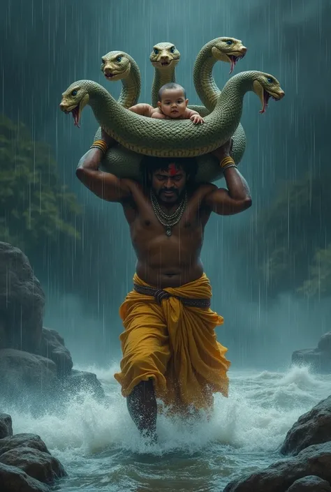 Vasudev ji, who is 60 years old, laid Krishna ji in a small bundle and Vasudev ji kept the bundle on his head while crossing the river in heavy rain.
 And 5 faces snack  is protecting upside of the bundle of Krishna ji from rain 
