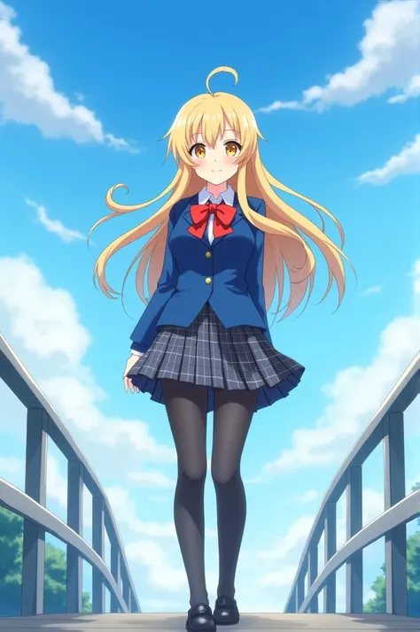 Beautiful anime girl in a school uniform with a red bow, long blonde hair, golden eyes, blue blazer, plaid skirt, black tights, standing on a bridge with a blue sky and clouds in the background, anime style