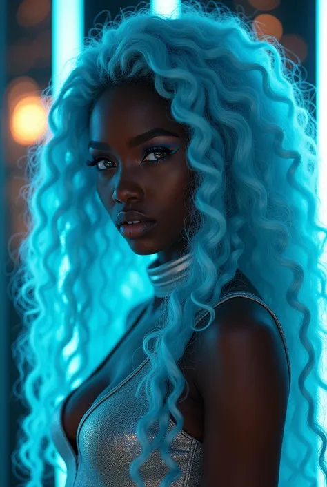 Black woman with long hair, Light blue curly hair, Her hair is very long. Her eyes are silver and shiny. She&#39;s wearing futuristic clothing、The setting is cyberpunk.