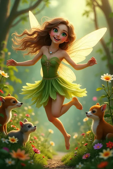 a fairy, full body portrait, happy and lively, surrounded by nature with many animals, wearing a green dress, jumping, brown hair, fair skin, green eyes, beautiful detailed eyes, beautiful detailed lips, extremely detailed face and features, 4k, 8k, highre...